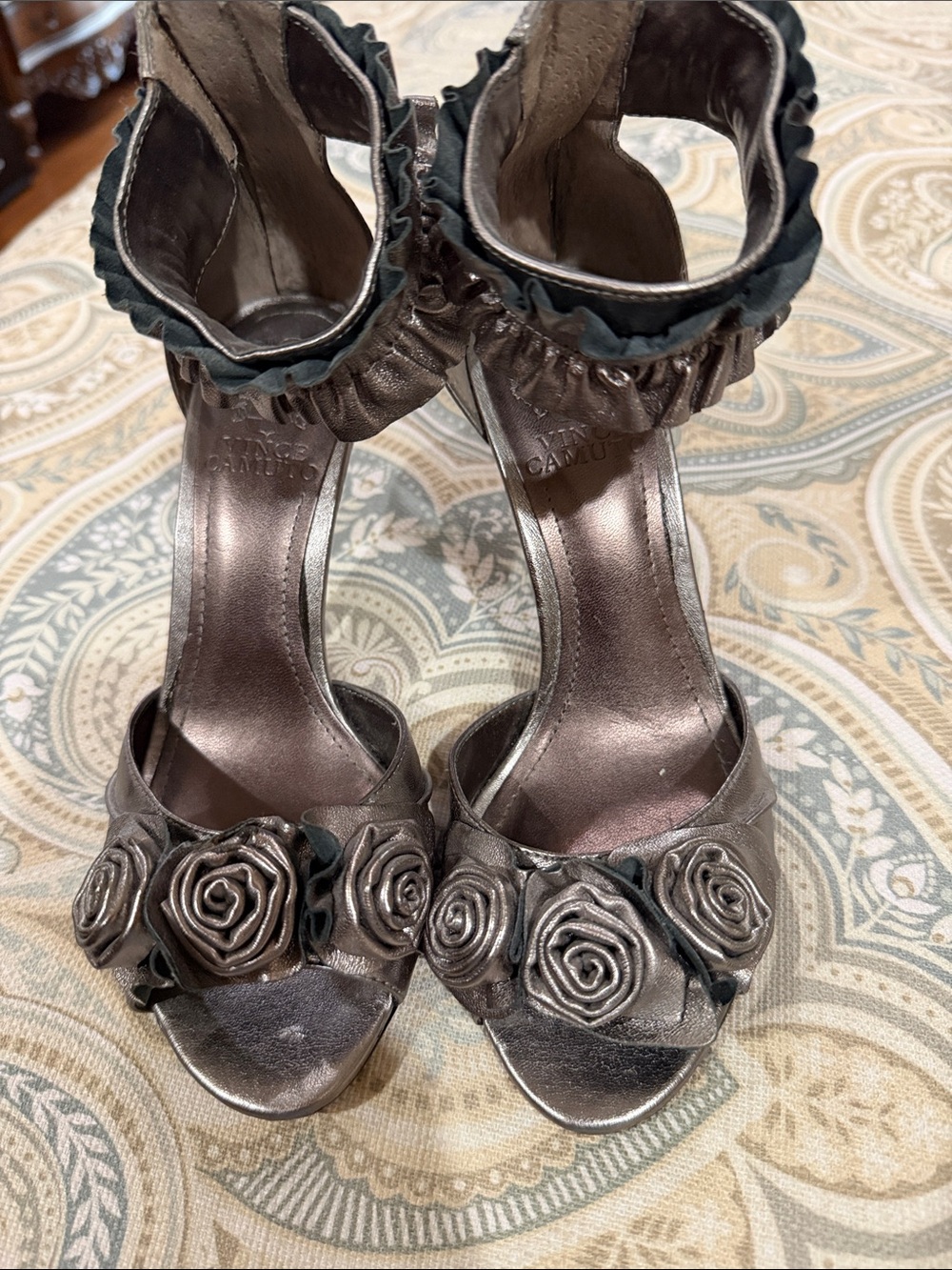 Vince Camuto Metallic Bronze Rose-Applique Ankle-Strap Heels